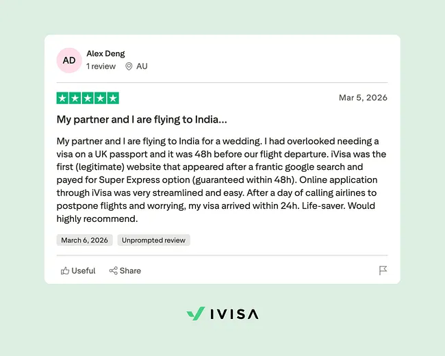 Trustpilot review from traveler Alex Deng describing how he got an India visa within 24 hours after realizing he needed one 48 hours before departure