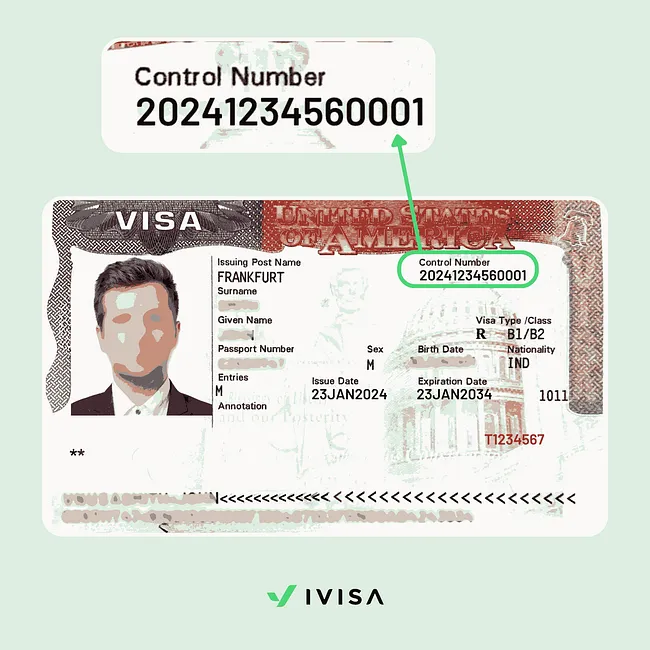 US B1/B2 visa sample picture highlighting the control number field, with a zoomed-in callout showing the visa control number printed near the top right of the visa.