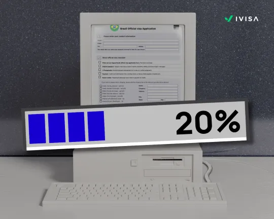 “Vintage-style desktop computer displaying a Brazil official visa application form on the screen, with a large progress bar in front showing 20% completion and the iVisa logo in the corner.”