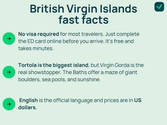 Graphic titled “British Virgin Islands fast facts” with three key points.  No visa required for most travelers, but the ED card must be completed online before arrival.  Tortola is the largest island, but Virgin Gorda is the standout with natural attractions like The Baths.  English is the official language and US dollars are used for pricing.