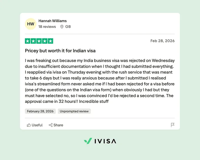 Trustpilot review from UK traveler Hannah Williams describing how her India business visa was approved in 32 hours after an initial rejection