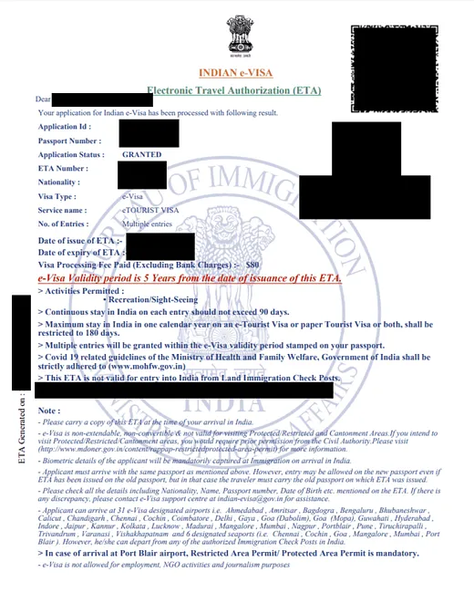 Screenshot of an Indian e-Visa Electronic Travel Authorization (ETA) approval document showing the application status as “Granted,” along with application and passport details, a QR code, and validity information.