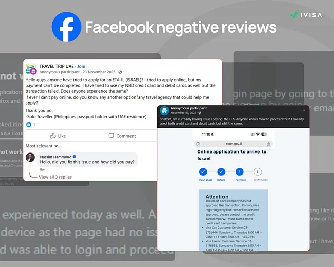 Screenshot of Facebook posts where travelers report failed payments when applying for the Israel ETA, showing declined credit and debit card transactions.