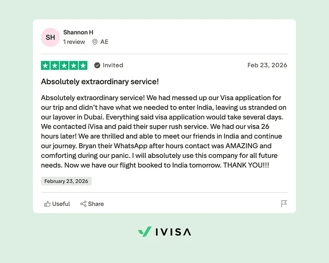 Trustpilot review from traveler Shannon H describing how iVisa resolved a visa issue during a Dubai layover in 26 hours