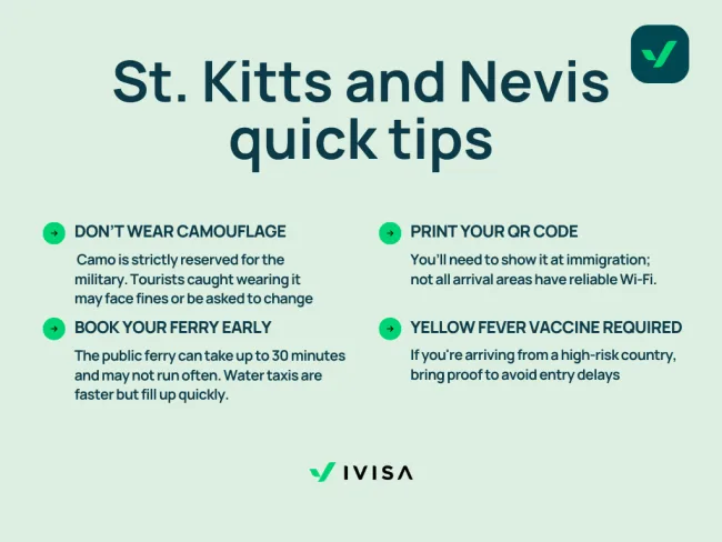 Een levendige infographic met de titel "Saint Kitts en Nevis: Leuke Weetjes", met kleurrijke illustraties en tekstvakken die unieke kenmerken van de eilanden belichten, zoals lokale dieren, culturele evenementen, historische bezienswaardigheden en geografische kenmerken, geplaatst op een gestileerde kaart van het Caribisch gebied.