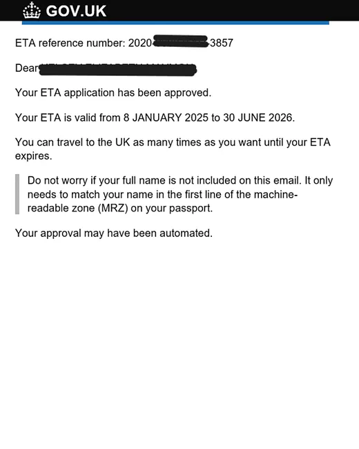 Screenshot of a GOV.UK email confirming a UK ETA application has been approved, including the ETA reference number and the validity dates.