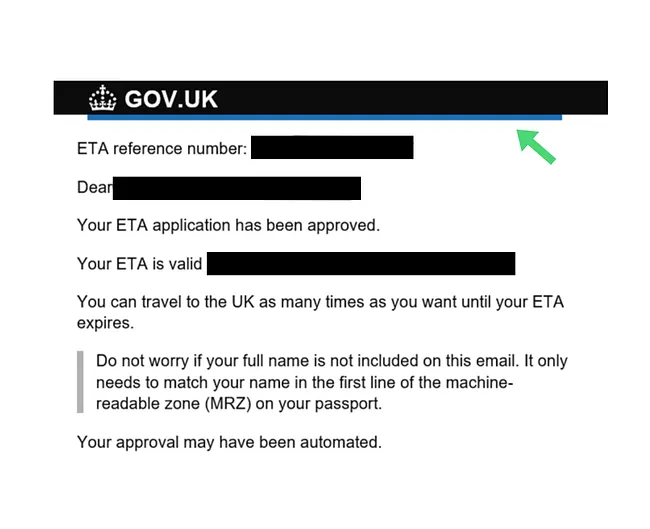 Example of a real UK ETA email
