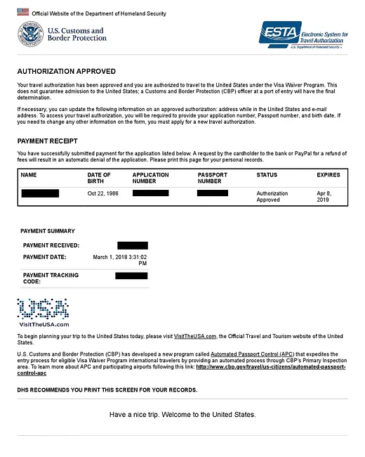 Screenshot of a U.S. Customs and Border Protection ESTA confirmation page showing “Authorization Approved,” plus payment receipt details and the applicant’s status and expiry date.