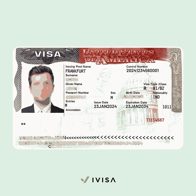 Full US B1/B2 visa sample picture shown inside a passport, with a blurred photo and personal details, including visa type class B1/B2, issue date, expiration date, and control number.