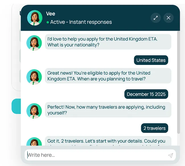 A screenshot of iVisa’s AI assistant, Vee, helping a user apply for a United Kingdom ETA. The chatbot asks about nationality, travel date, and number of travelers.