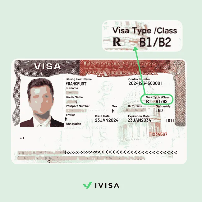 US B1/B2 visa sample picture highlighting the visa type and class field, with a zoomed-in callout showing “B1/B2” under “Visa Type/Class.”