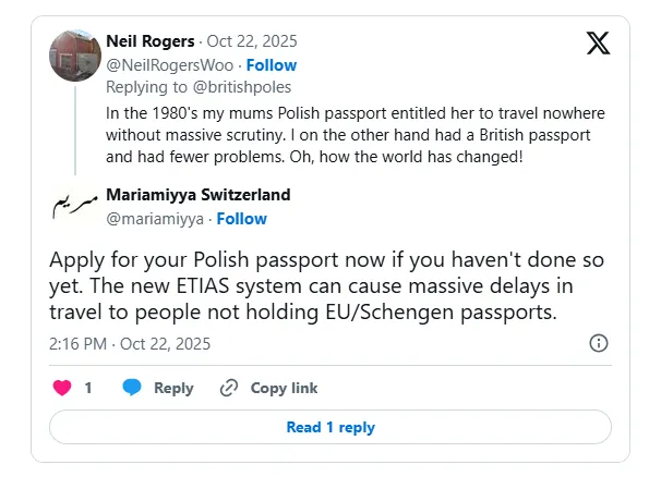 Screenshot of a tweet from @mariamiyya stating: ‘Apply for your Polish passport now if you haven’t done so yet. The new ETIAS system can cause massive delays in travel to people not holding EU/Schengen passports.